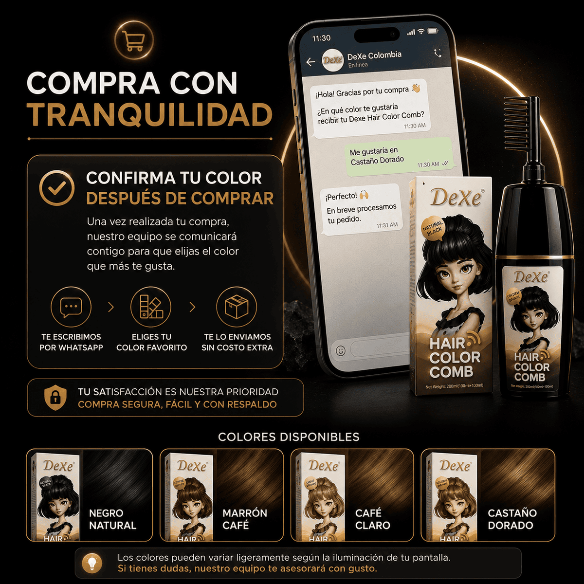 DeXe Color Comb (Negro natural, marron cafe, castaño dorado y cafe claro)